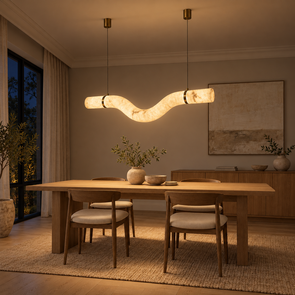 Sinuo Curved Faux-Stone Linear Pendant Light, evening interior, light on