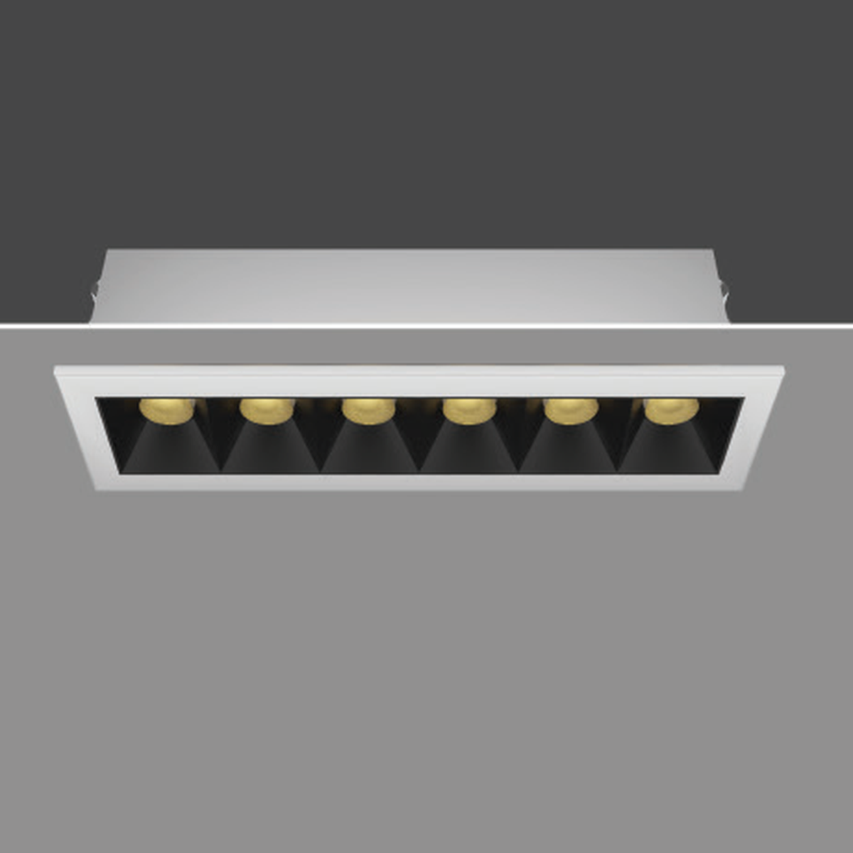 SLENDER 12W white-body linear recessed downlight with original optical arrangement; exact wattage source photograph, black-body photograph unavailable.