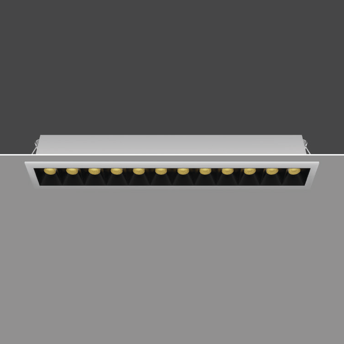SLENDER 20W white-body linear recessed downlight with original optical arrangement; exact wattage source photograph, black-body photograph unavailable.