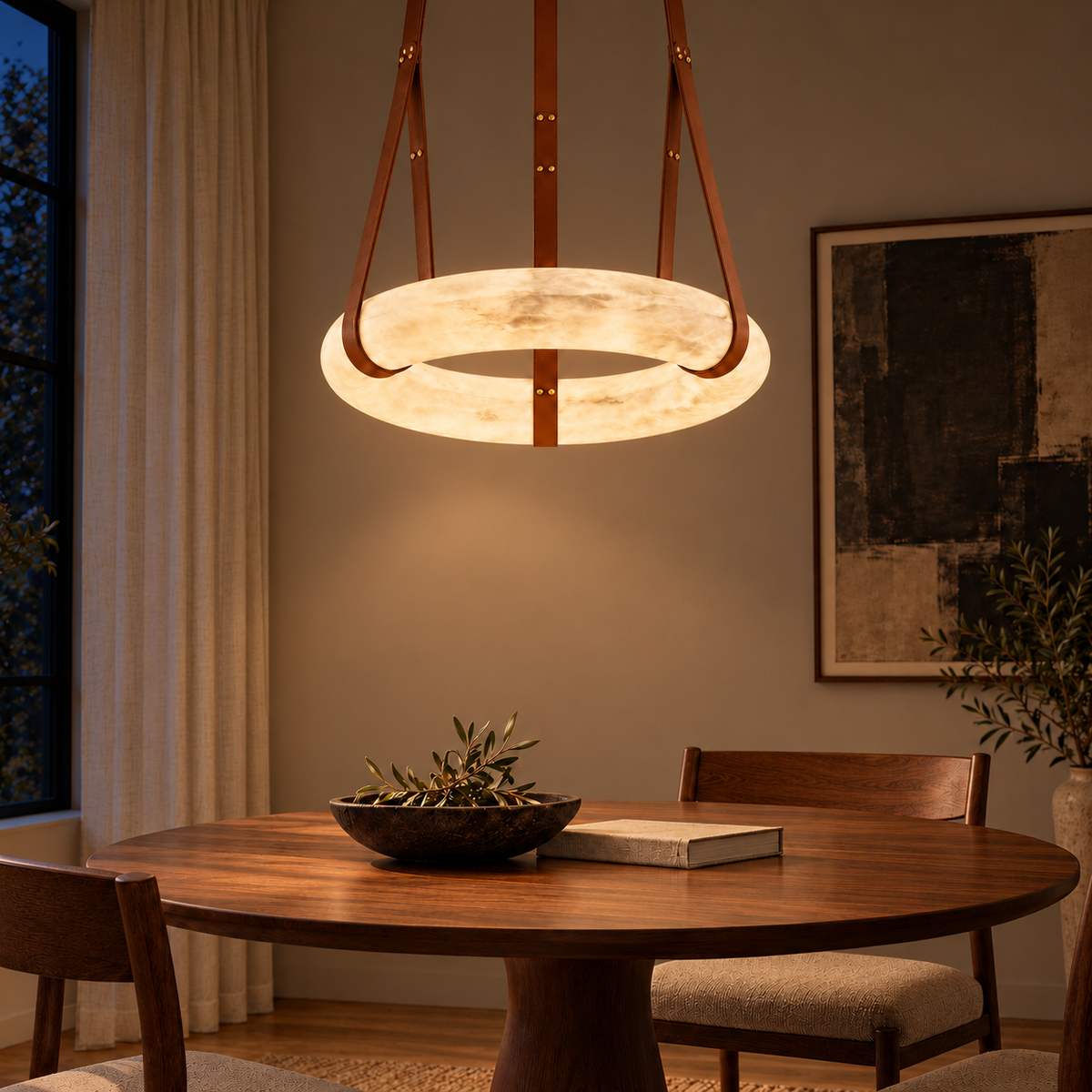 Sling Faux-Stone Ring Pendant Light, evening interior, light on