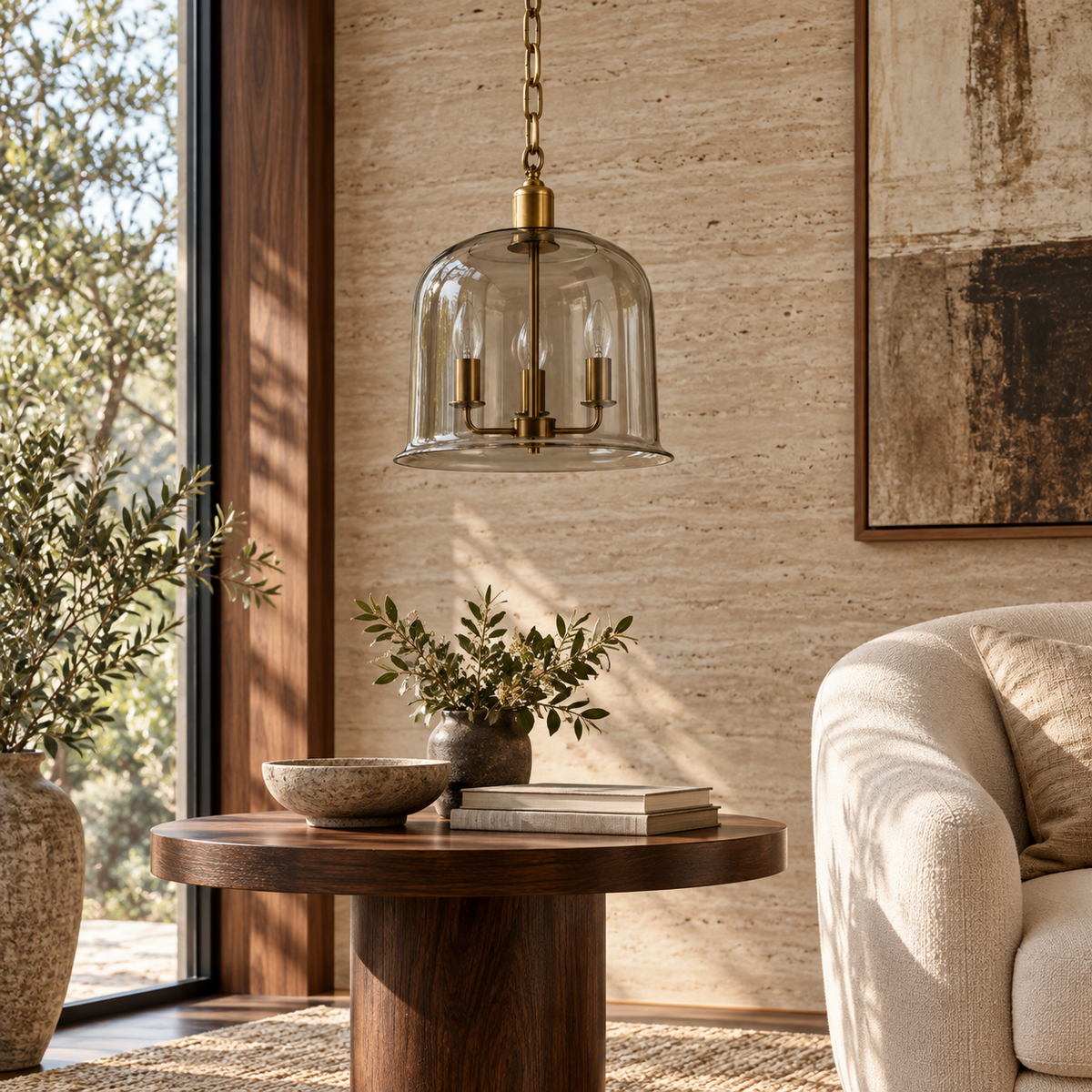 Smoke Glass Three-Light Bell Pendant, unlit in a daytime interior