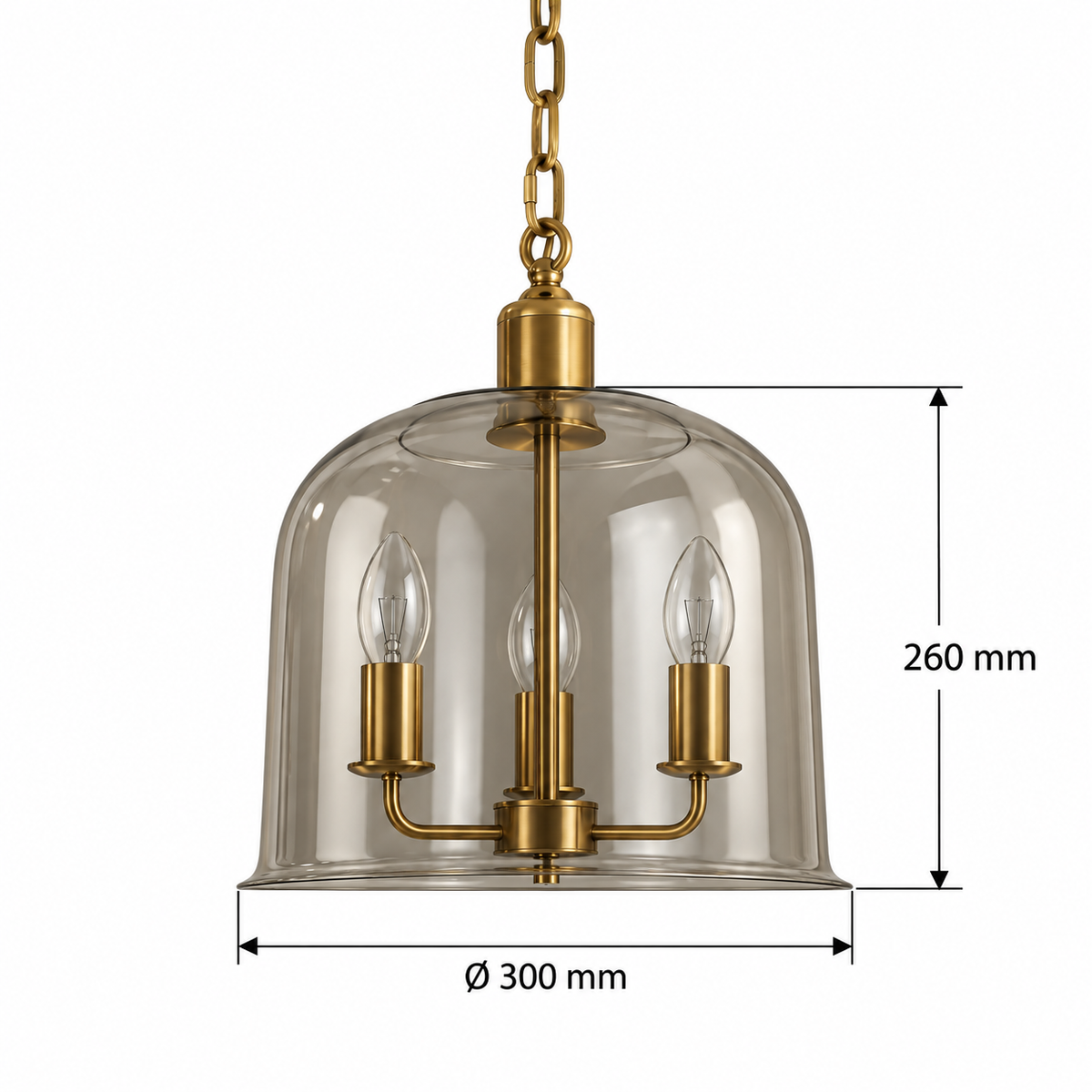 Smoke Glass Three-Light Bell Pendant, dimension diagram; Glass shade only: diameter 300 mm and height 260 mm; suspension drop is not specified.