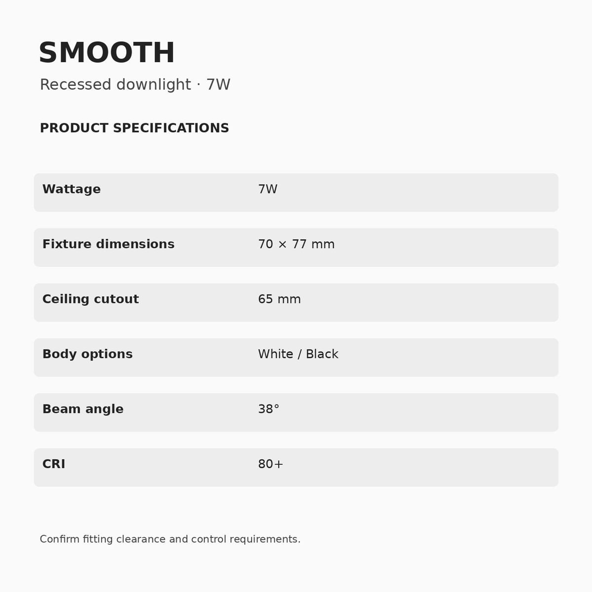 SMOOTH Recessed Downlight – 7W dimensions and specifications