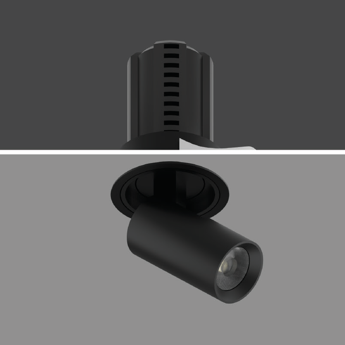 SNOOP black-body recessed spotlight family reference with cylindrical projecting head; exact photographed wattage is not identified and white-body image is unavailable.
