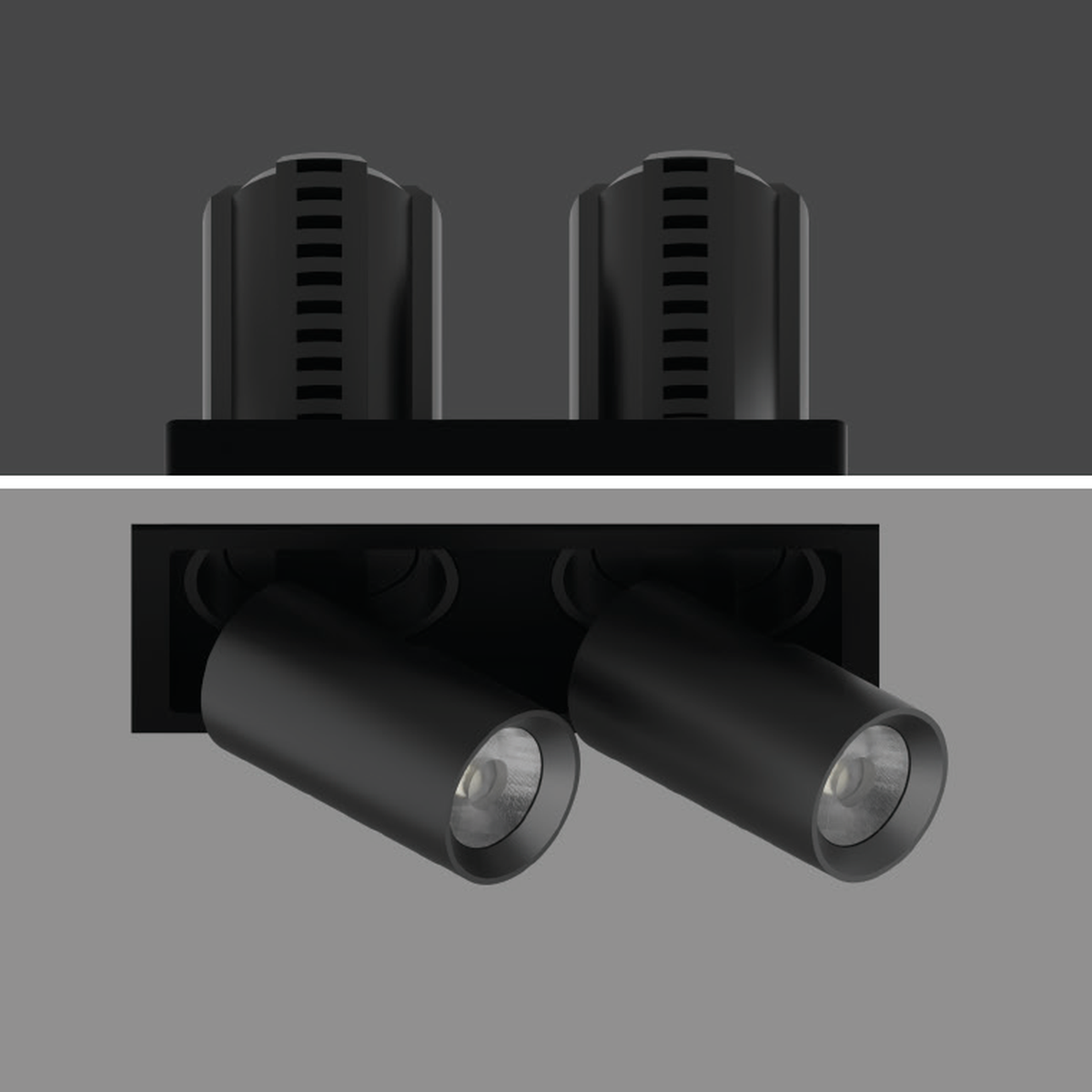 SNOOP DOUBLE black-body twin-head recessed spotlight family reference with original cylindrical heads and rectangular trim; exact photographed wattage and white-body image unavailable.