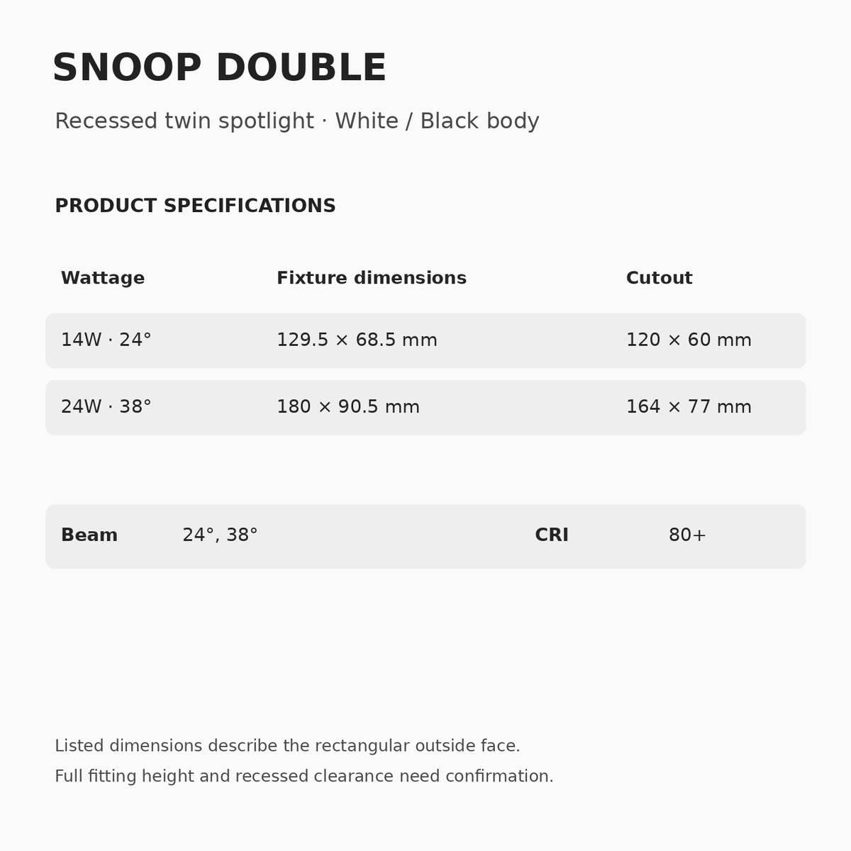 SNOOP DOUBLE specifications: 14W (2 × 7W), 129.5 × 68.5 mm outside face, 120 × 60 mm cutout, 24°; 24W (2 × 12W), 180 × 90.5 mm outside face, 164 × 77 mm cutout, 38°. Full height unconfirmed.