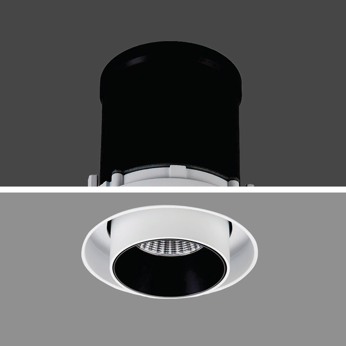 SNOOP-T 12W white-body trimless recessed spotlight in original ceiling cutaway reference, retaining black concealed housing and optical opening; black-body photo unavailable.