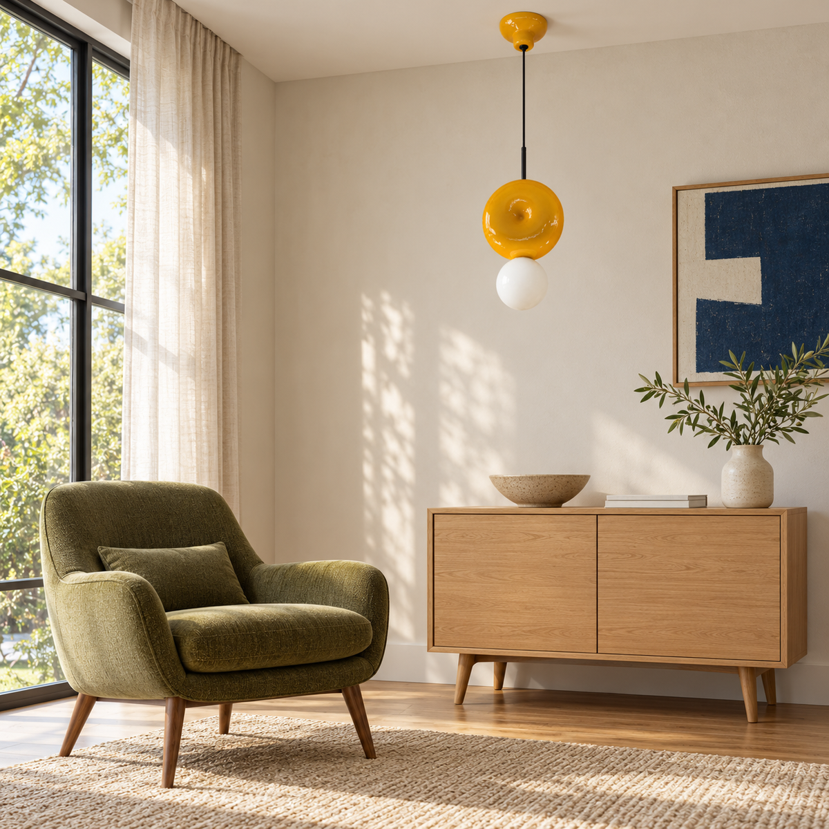 Solivane Orange Ceramic Disc and Globe Pendant – daylight interior, light off