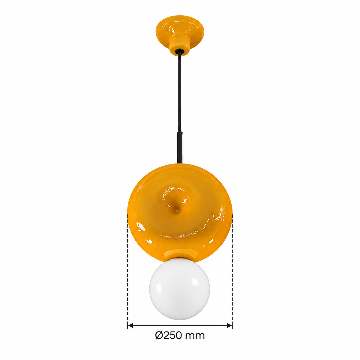 Solivane Orange Ceramic Disc and Globe Pendant – confirmed dimensions in millimetres