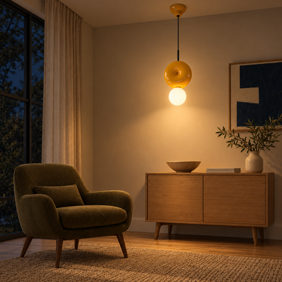 Solivane Orange Ceramic Disc and Globe Pendant – evening interior, light on