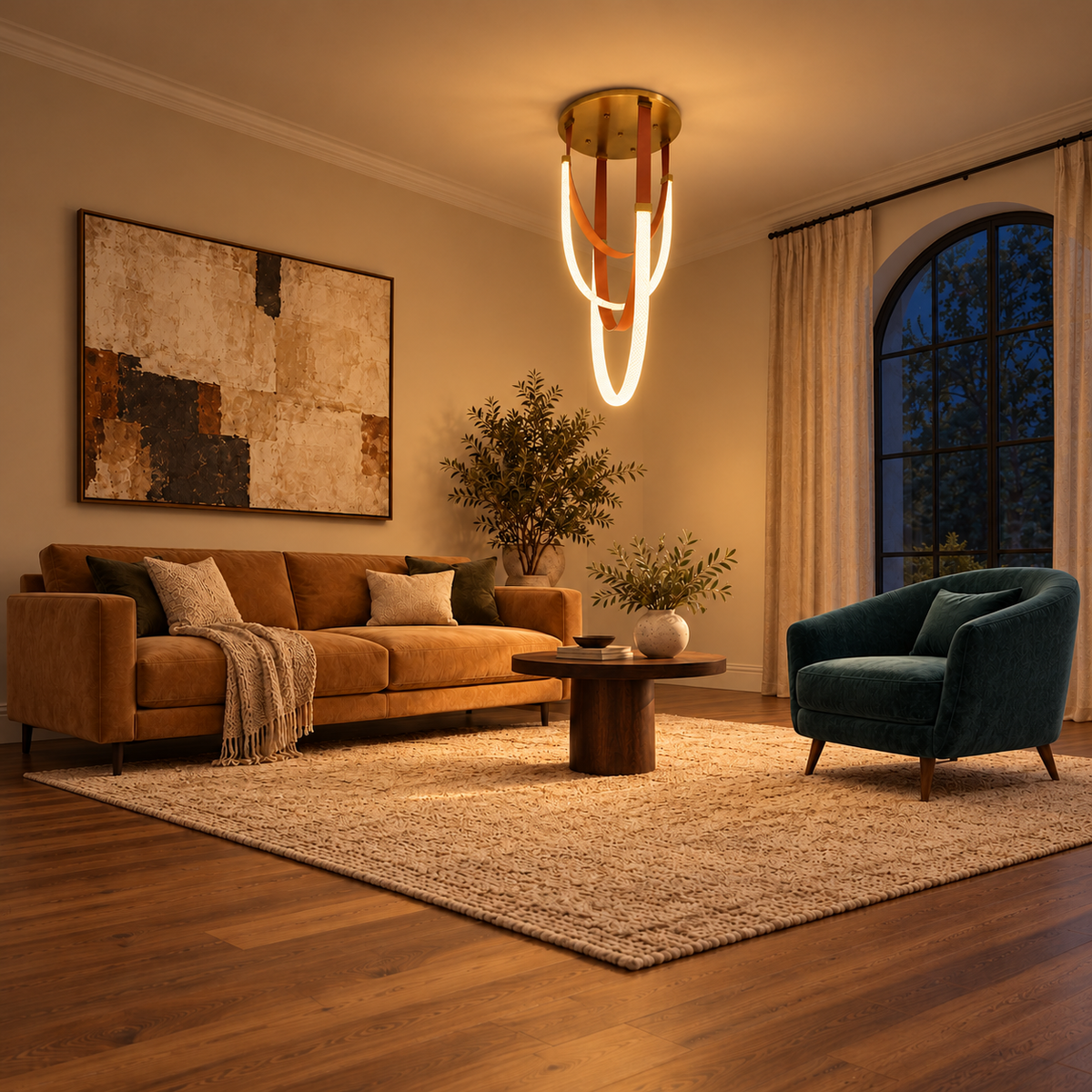 Solune Gold-Tone Silicone Ribbon Ceiling Light – evening interior, light on
