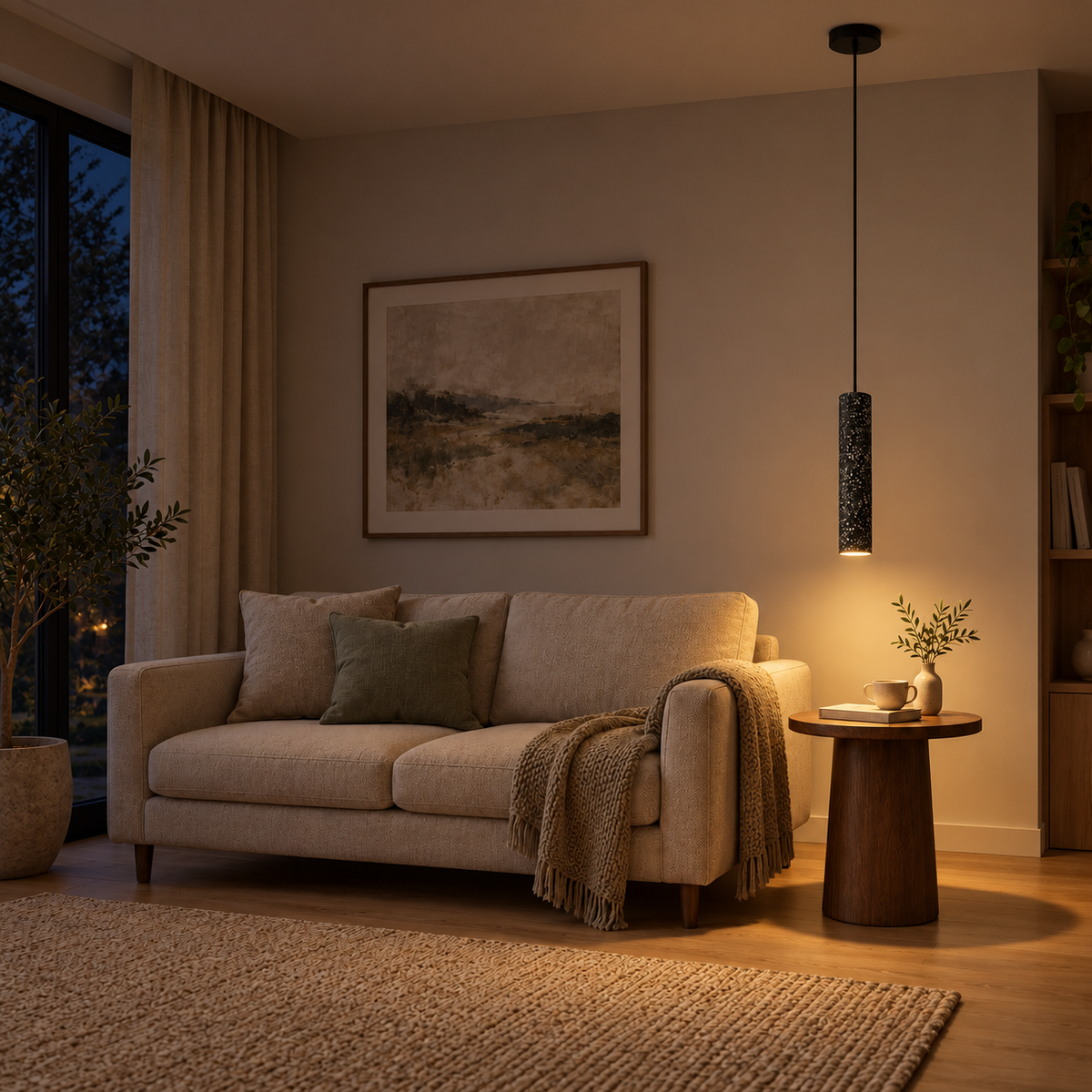 Speckle Black Cylinder Pendant Light, evening interior, light on