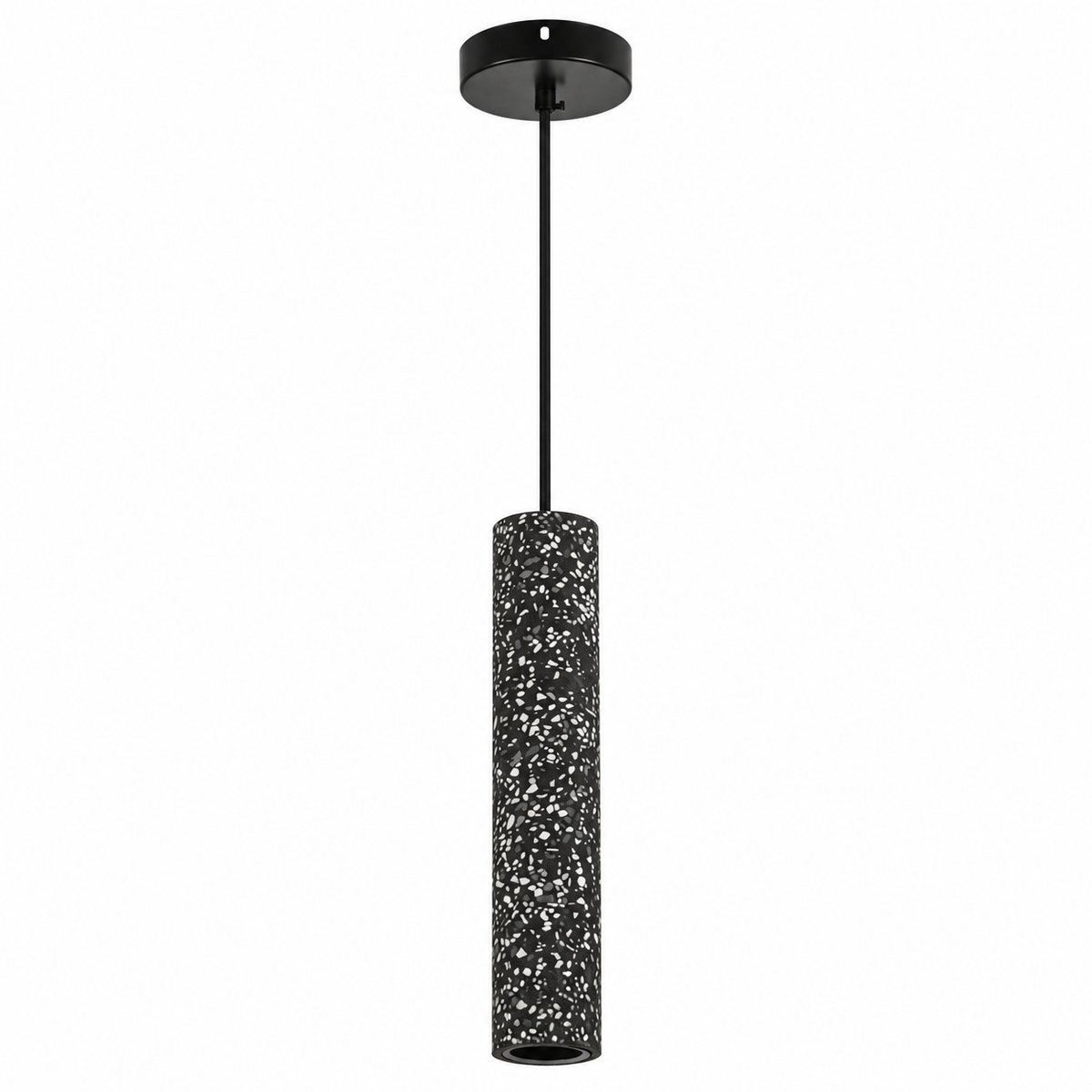 Speckle Black Cylinder Pendant Light, studio view on white