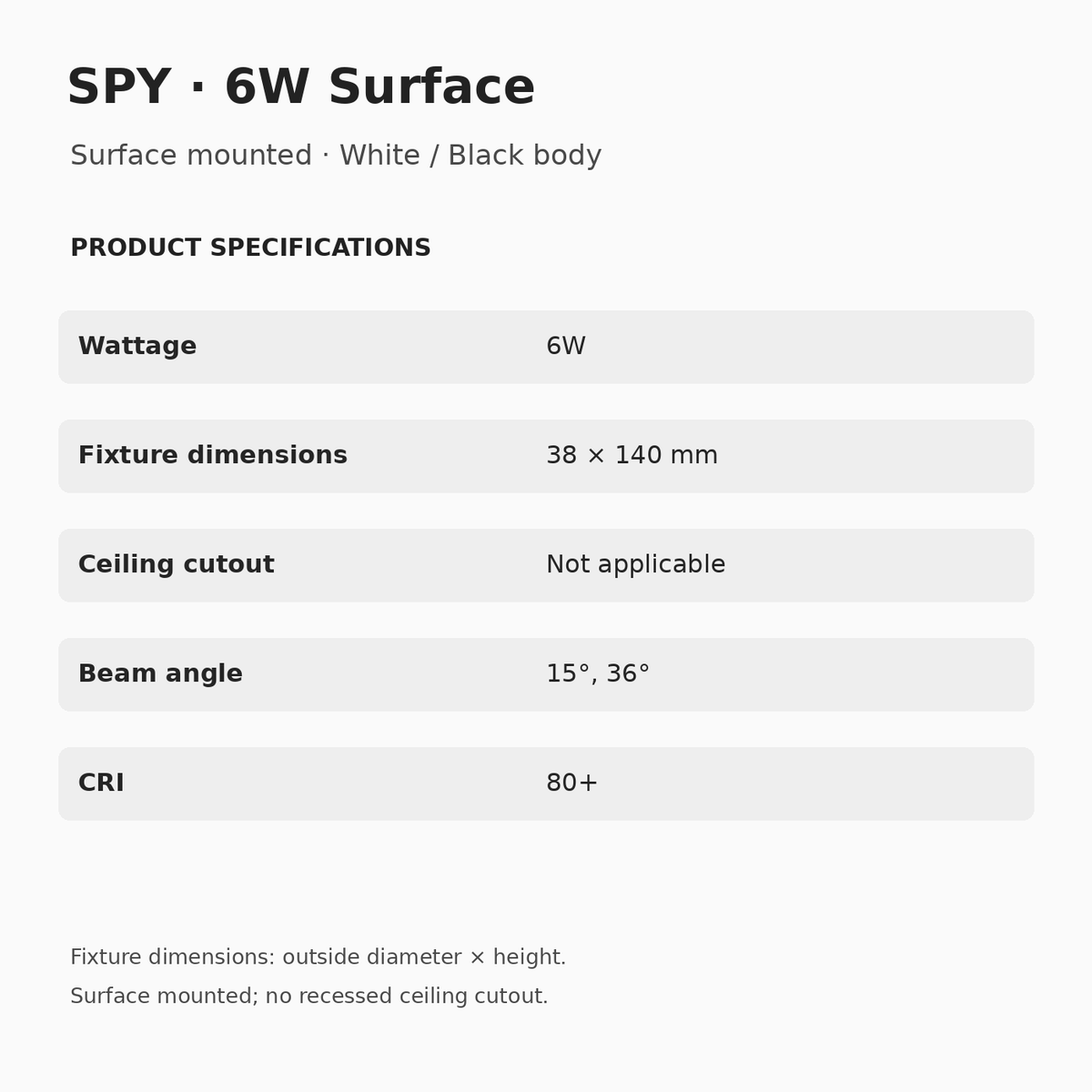 SPY 6W surface spotlight specifications: 38 × 140 mm fixture dimensions, no recessed ceiling cutout, 15° or 36° beam and CRI 80+.