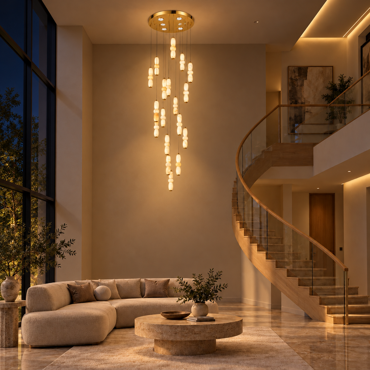 Stellora Eighteen-Drop Marble Chandelier – evening interior, light on