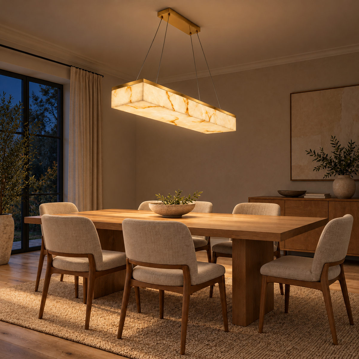 Strata Faux-Stone Linear Pendant Light, evening interior, light on
