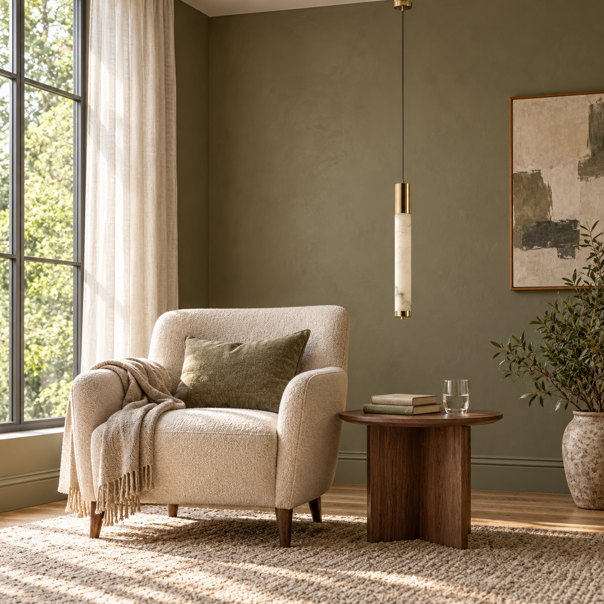 Stria Faux-Stone Column Pendant Light, daylight interior, light off