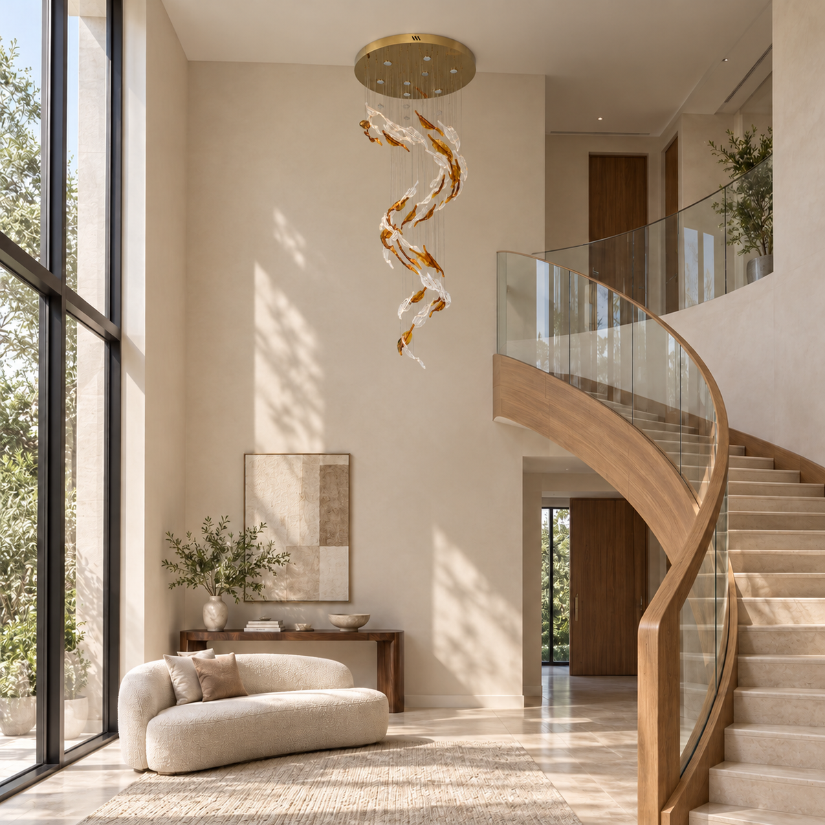 Sylvara Amber & Clear Glass Leaf Cascade Chandelier – daylight interior, light off