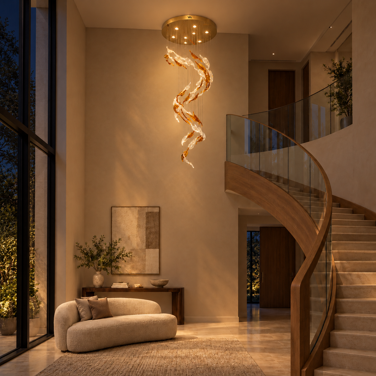 Sylvara Amber & Clear Glass Leaf Cascade Chandelier – evening interior, light on