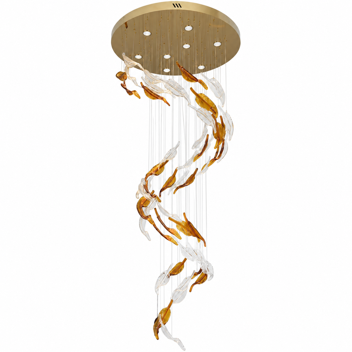 Sylvara Amber & Clear Glass Leaf Cascade Chandelier – studio view on white