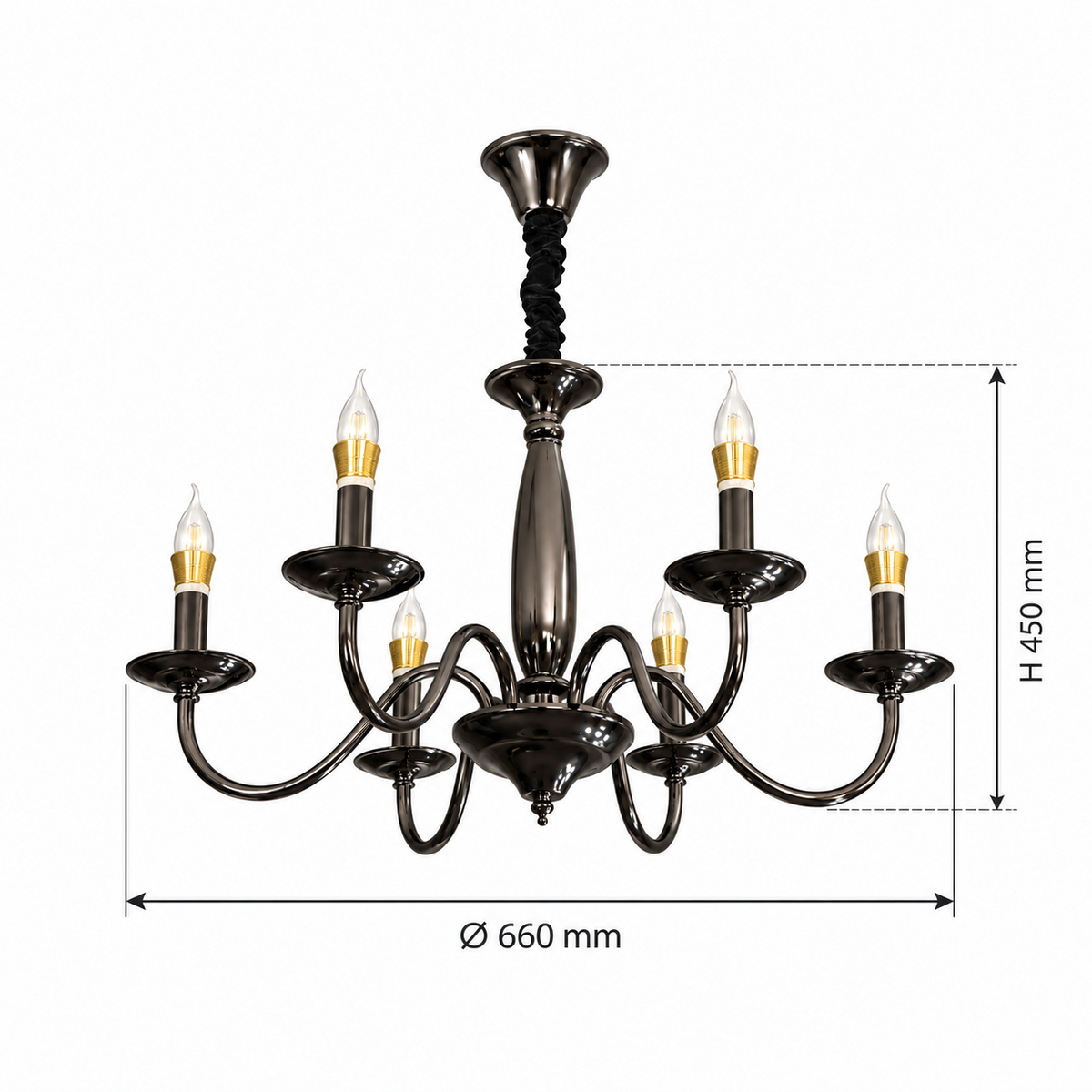 SYLVENNE-S PBK 6-light chandelier dimension image, Ø660 x H450 mm