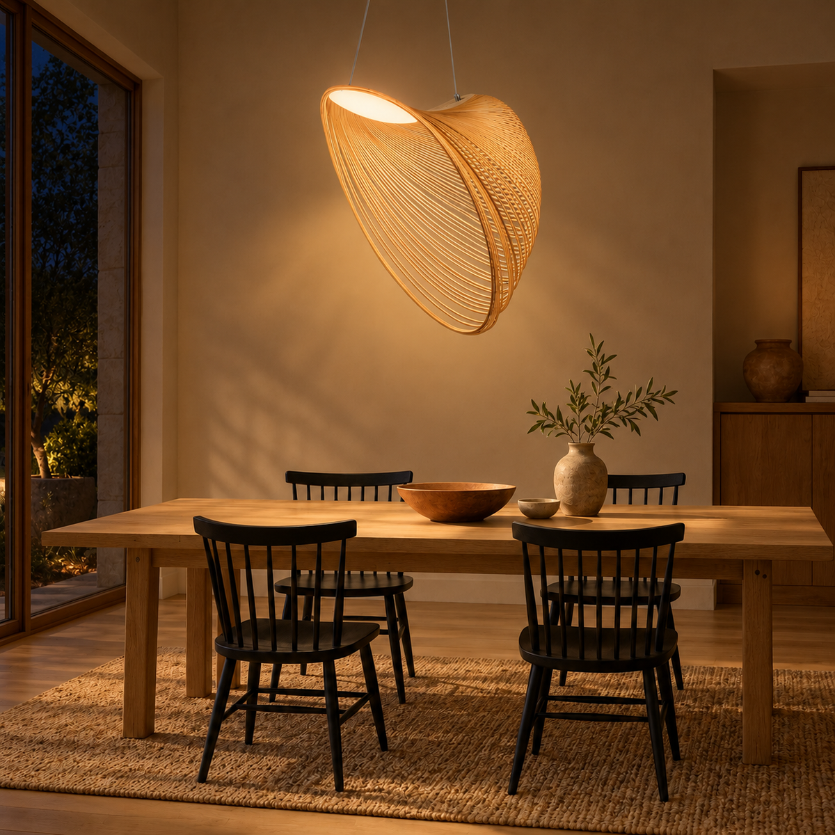 Sylvera Twisted Wood Lattice Pendant – evening interior, light on