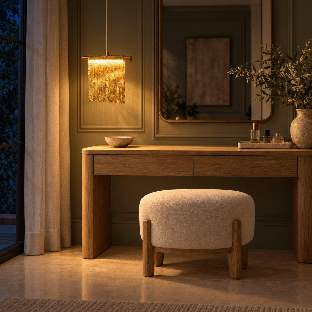 Tassia Gold-Tone Chain Fringe Pendant Light – evening interior, light on