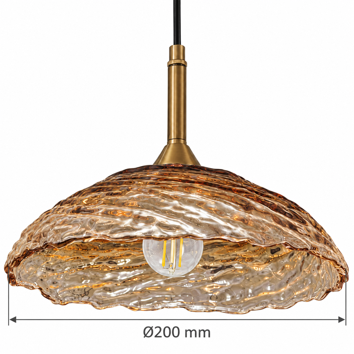 Tavira Rippled Amber Glass Pendant – confirmed dimensions in millimetres