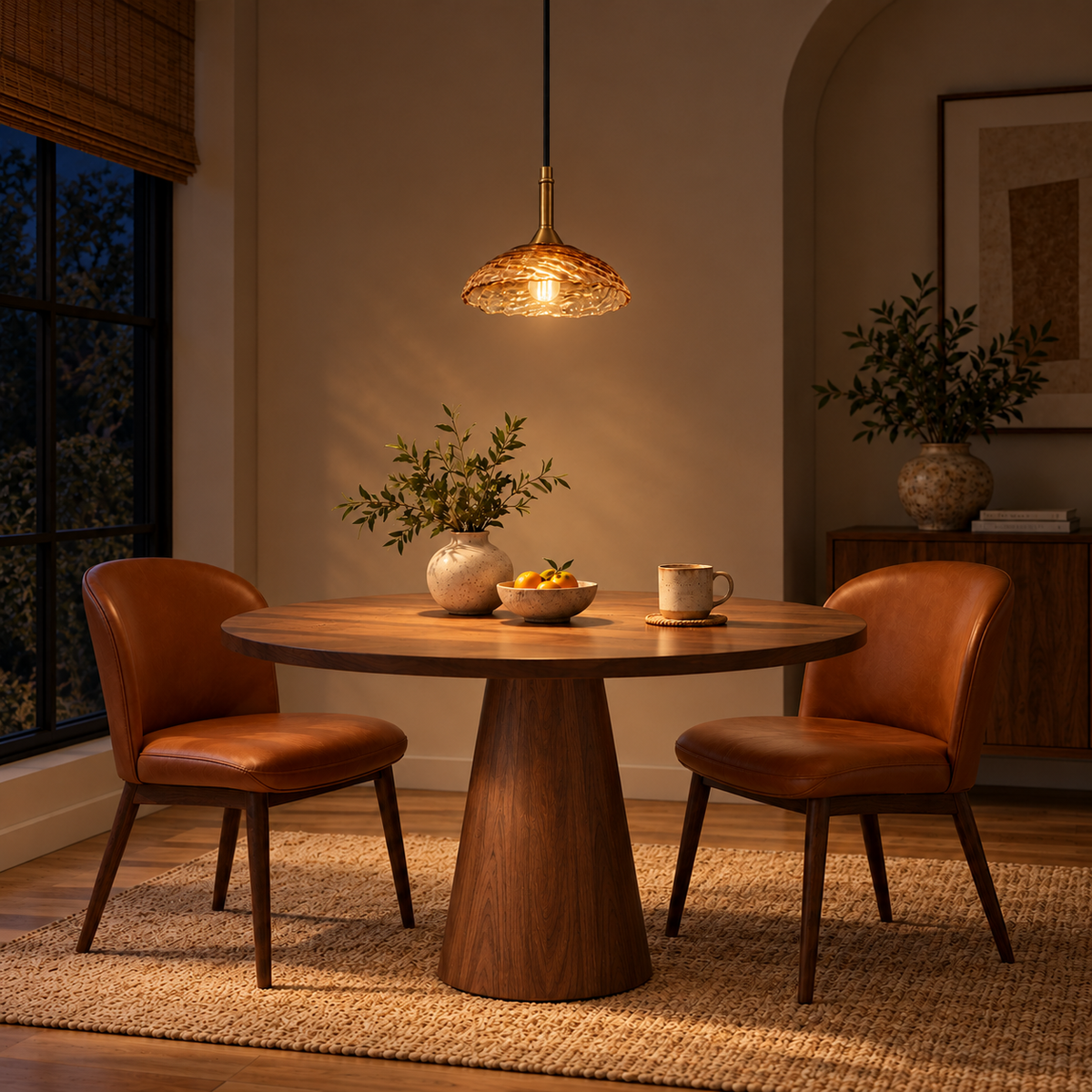 Tavira Rippled Amber Glass Pendant – evening interior, light on
