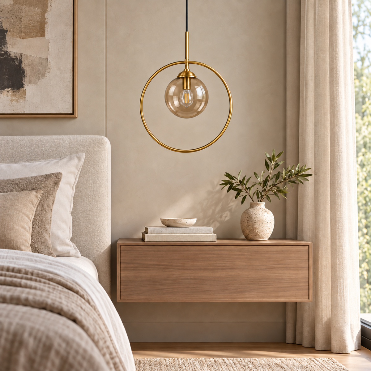 Tea Glass Globe & Brass-Tone Ring Pendant, unlit in a daytime interior