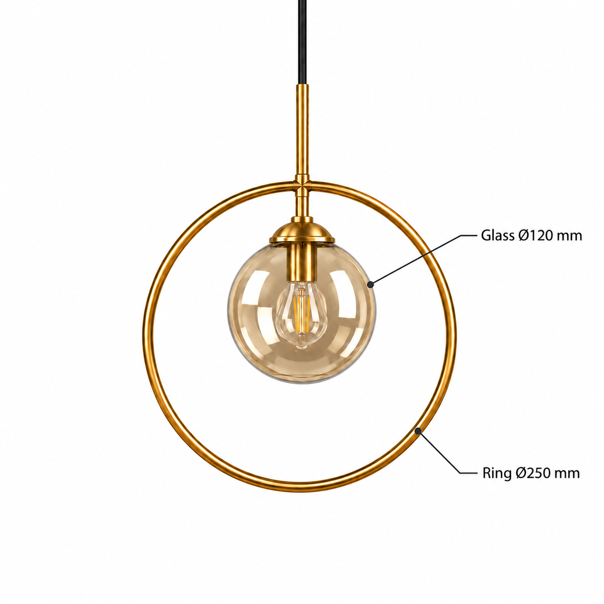 Tea Glass Globe & Brass-Tone Ring Pendant, dimension diagram; Ring outside diameter: 250 mm. Glass globe diameter: 120 mm. Overall height and suspension drop are not specified.
