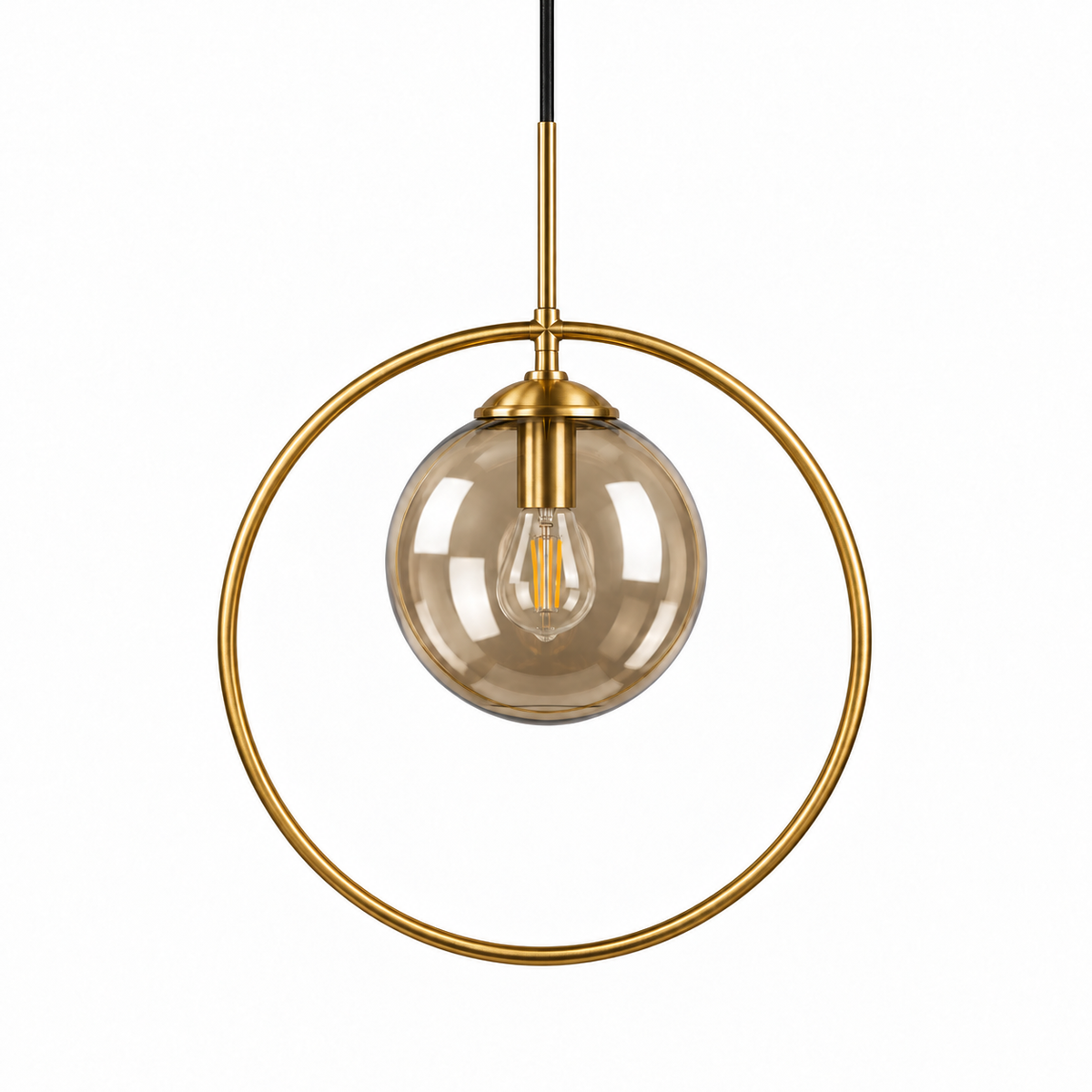 Tea Glass Globe & Brass-Tone Ring Pendant, unlit studio view
