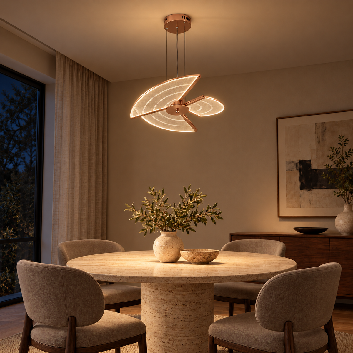Three-Leaf Acrylic Chandelier, illuminated in a nighttime interior