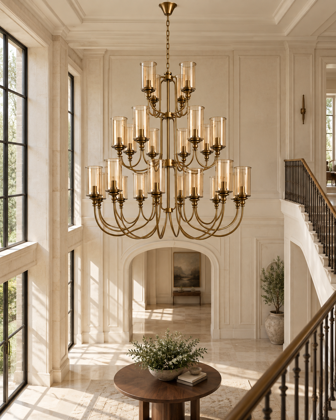 Three-tier amber cylinder glass AB chandelier in a bright grand interior