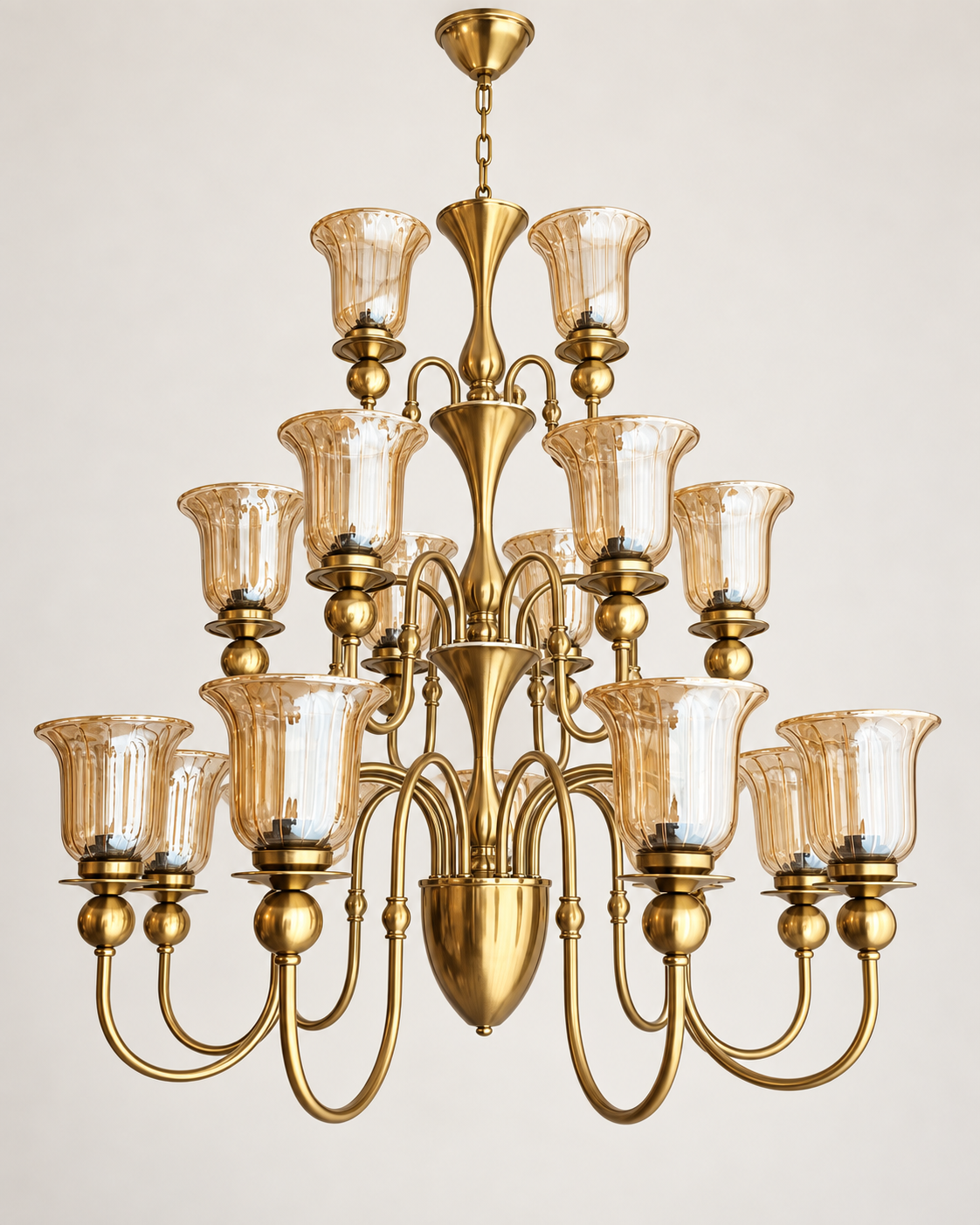 Three-tier amber glass AB chandelier on a clean white background