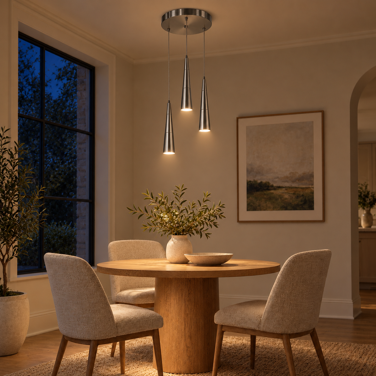 Tressa Aluminium Taper Chandelier, evening interior, light on