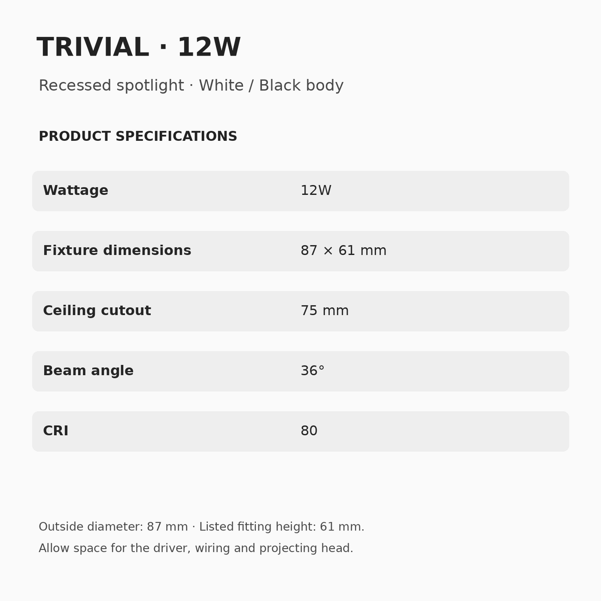 TRIVIAL 12W recessed specifications: 87 mm outside diameter, 61 mm listed height, 75 mm cutout, 36° beam and CRI 80.