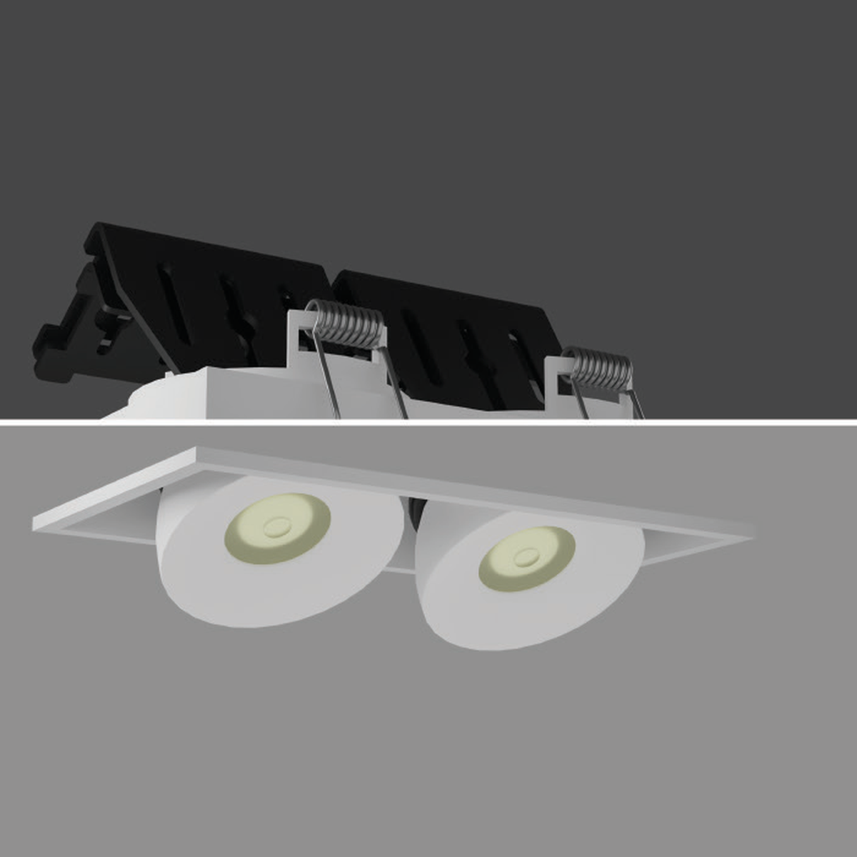 TUREEN Double 18W white-body recessed twin spotlight with original rectangular trim, two circular light heads, springs and concealed components; black-body photo unavailable.