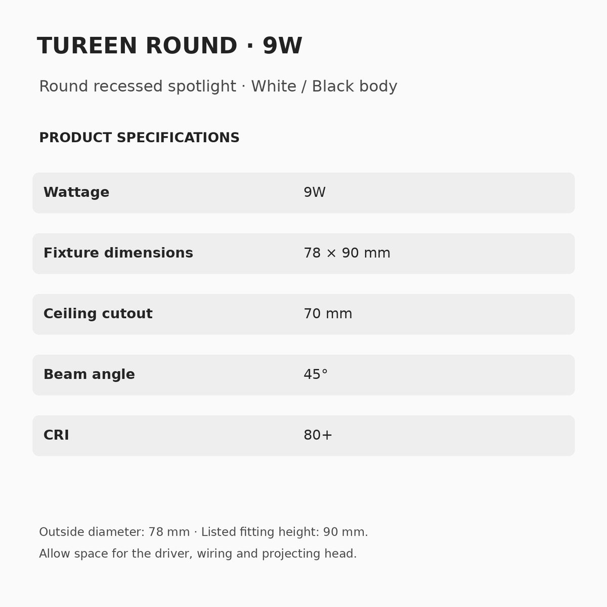 TUREEN Round 9W specifications: 78 mm outside diameter, 90 mm listed height, 70 mm ceiling cutout, 45° beam and CRI 80+.