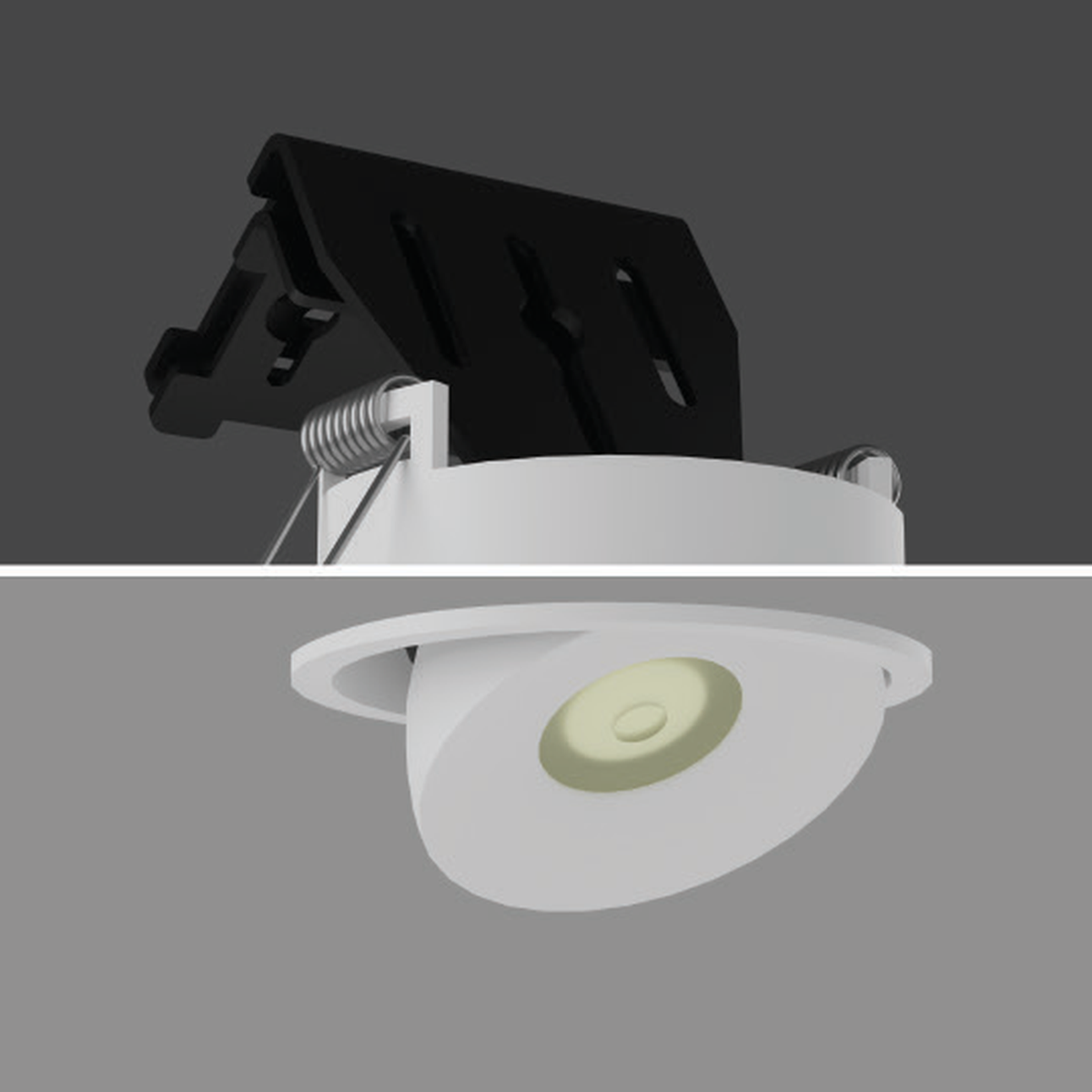 TUREEN Round 9W white-body recessed spotlight with round trim and projecting circular light head in the original cutaway ceiling reference; black-body photo unavailable.