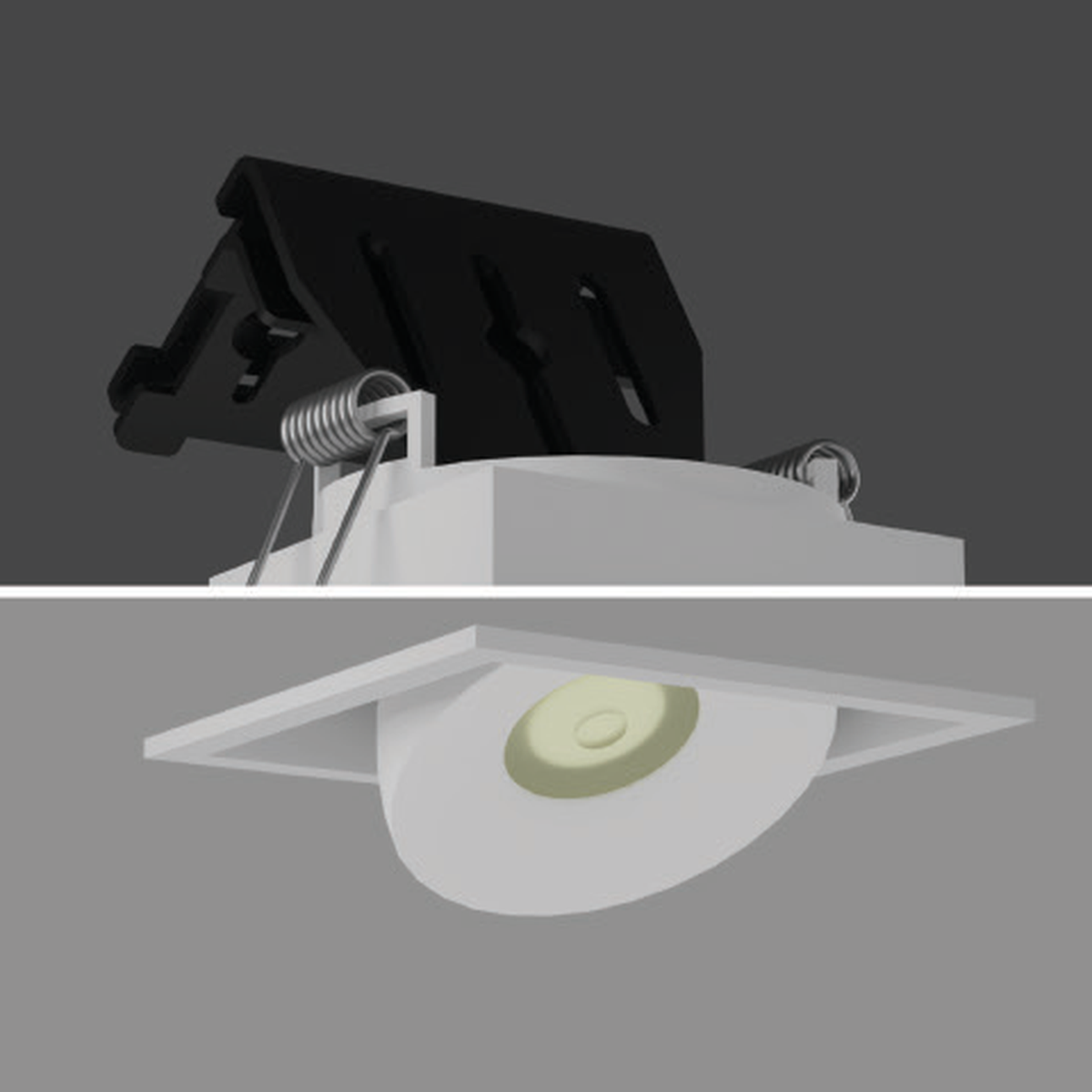TUREEN Square 9W white-body recessed spotlight, with original square trim and projecting circular light head, cropped from the original installation reference; black-body photo unavailable.