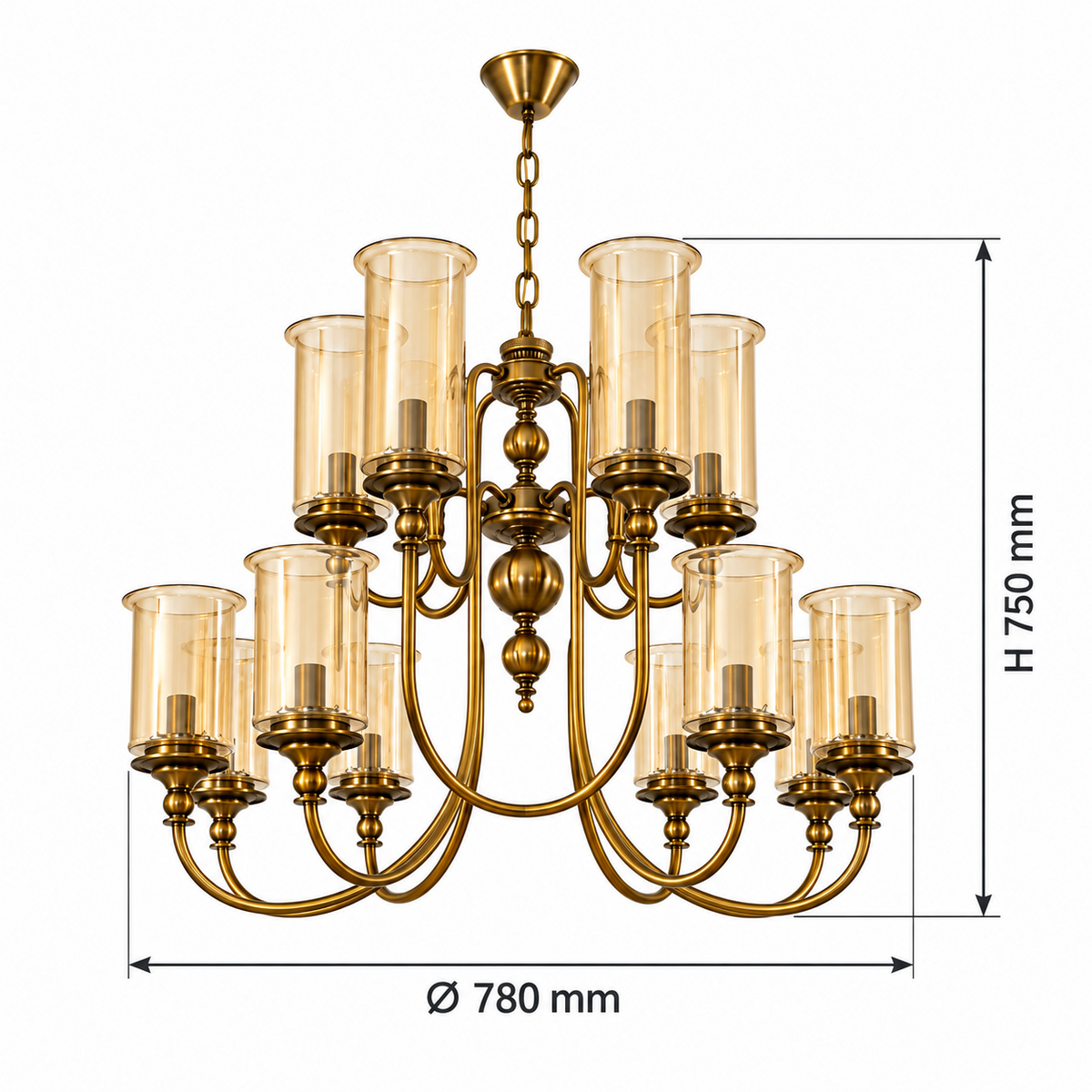Two-tier amber cylinder glass AB chandelier dimensions, Ø780 mm and H750 mm