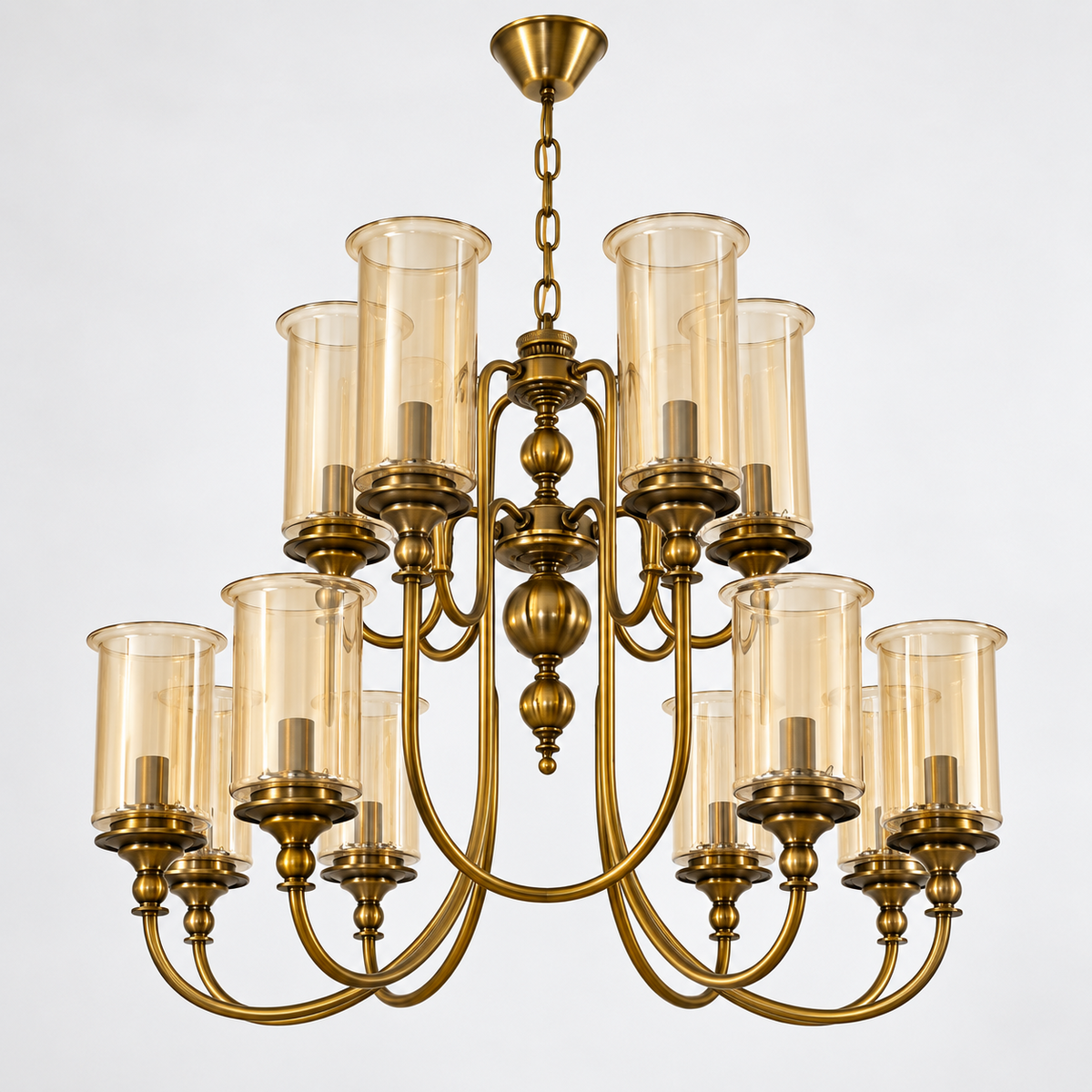 Two-tier amber cylinder glass AB chandelier on a clean white background