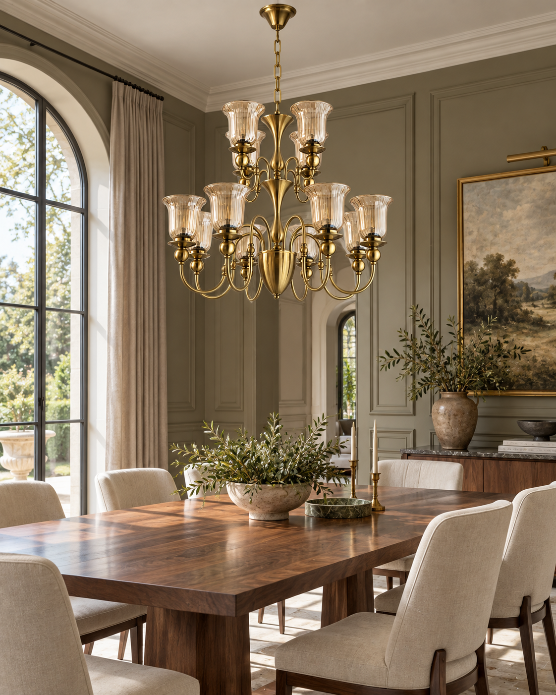 Two-tier fluted glass chandelier in a bright dining room