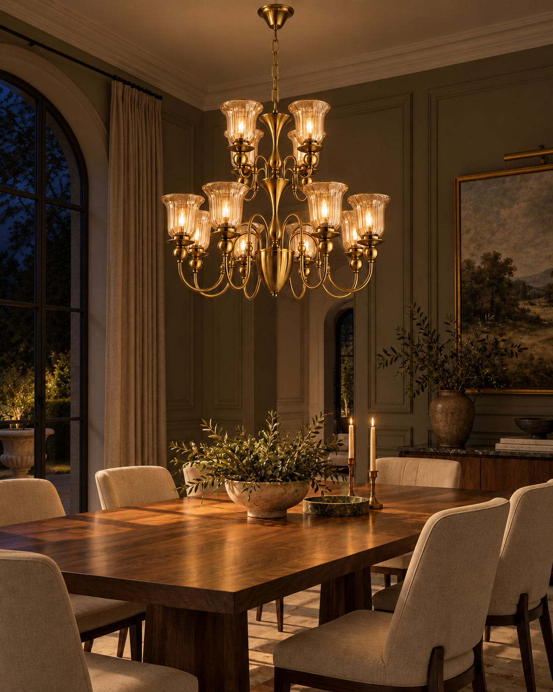 Two-tier fluted glass chandelier in a warm dining room at night