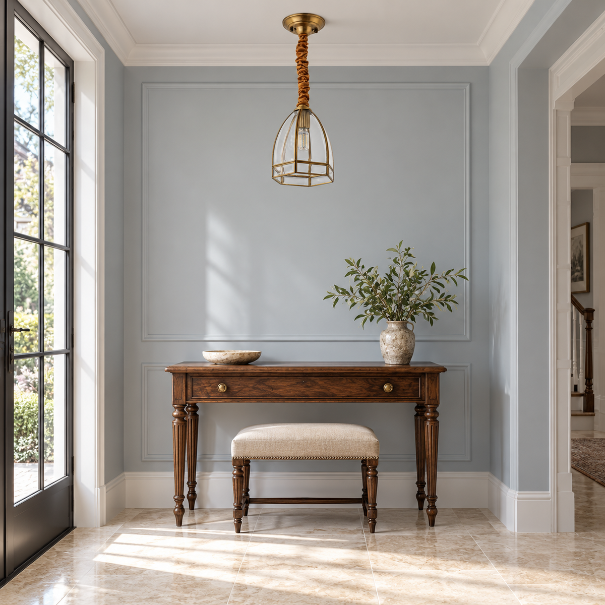 Valenne Arched Brass Glass Lantern Pendant – daylight interior, light off