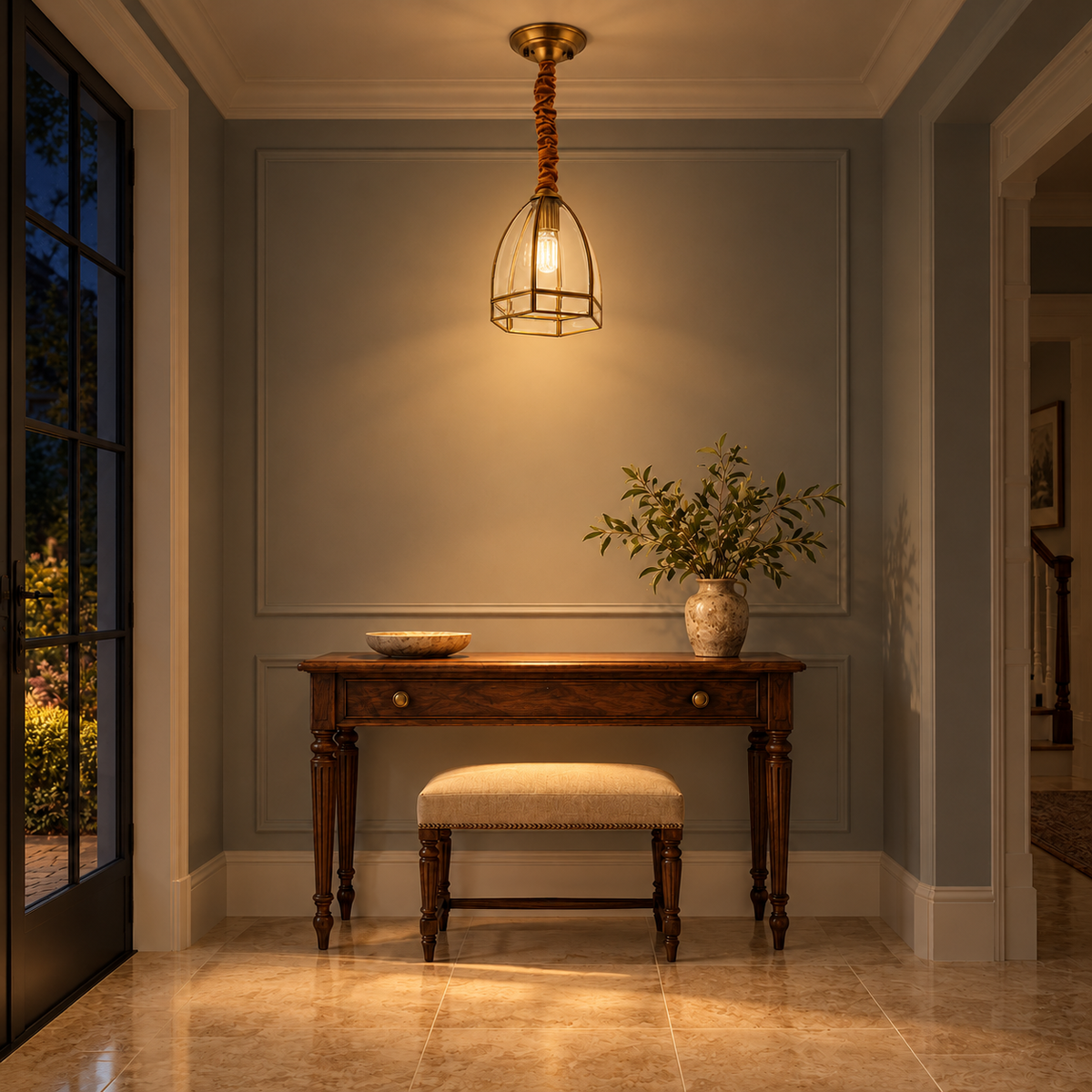 Valenne Arched Brass Glass Lantern Pendant – evening interior, light on