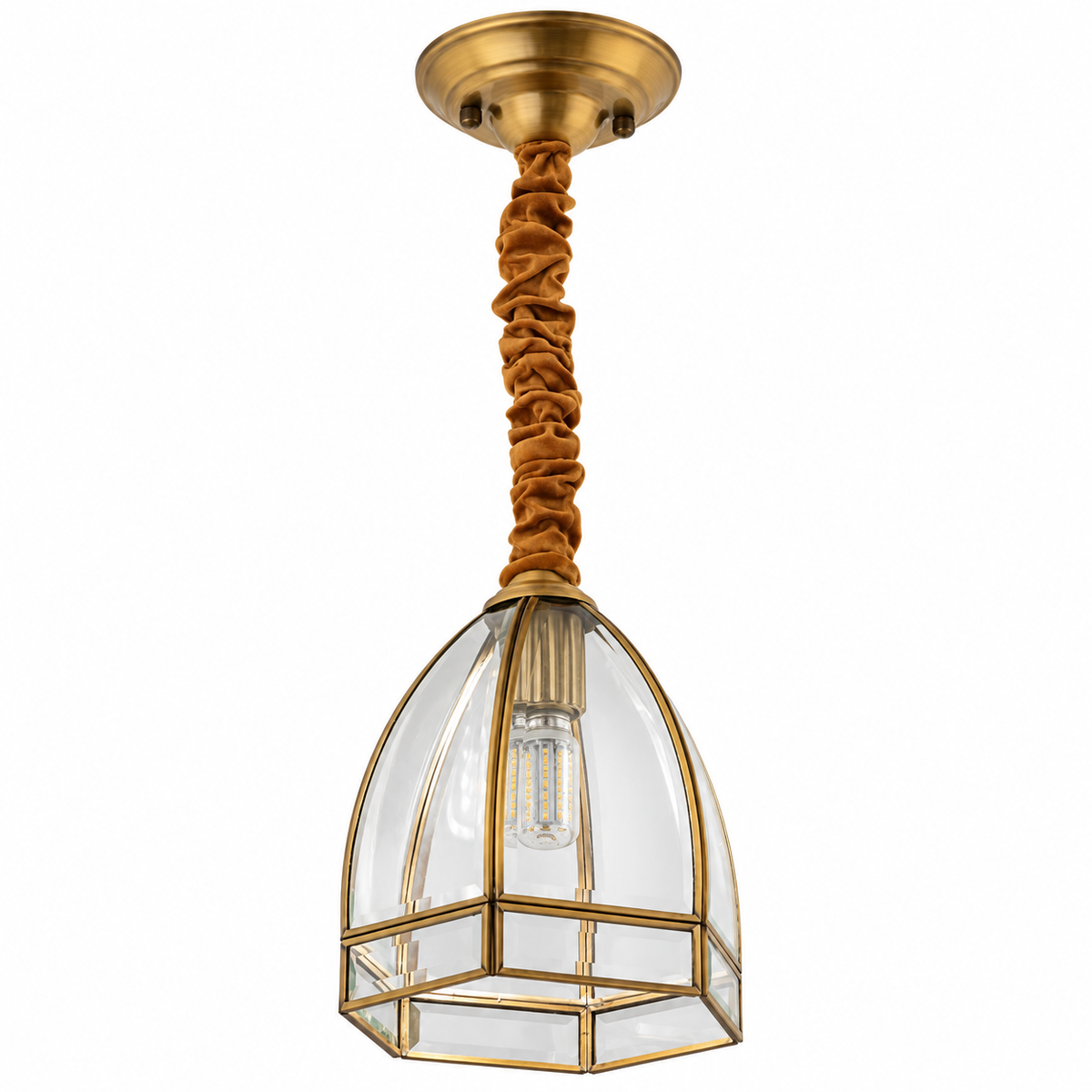 Valenne Arched Brass Glass Lantern Pendant – studio view on white