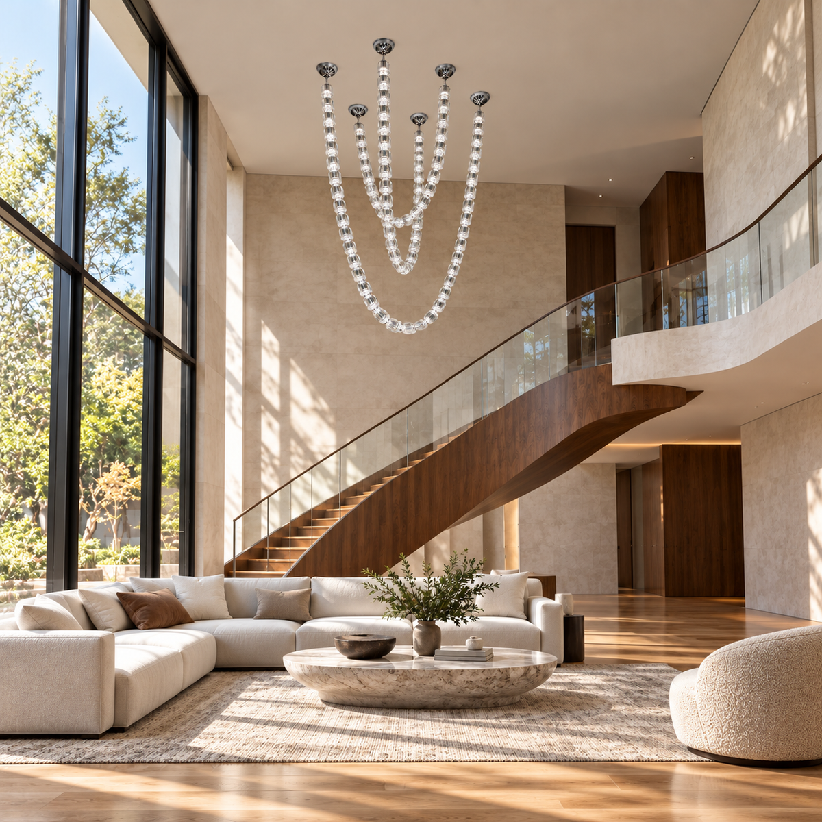 Velisse Triple-Swag Crystal Chandelier – daylight interior, light off