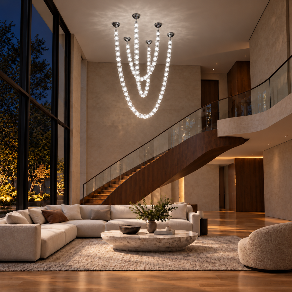 Velisse Triple-Swag Crystal Chandelier – evening interior, light on